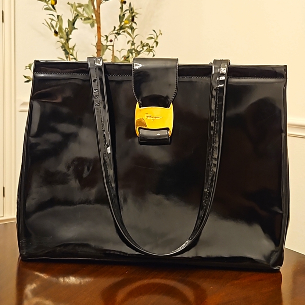 Salvatore Ferragamo Black Patent Leather Vala Large Tote w/ Gold, EUC Ha…